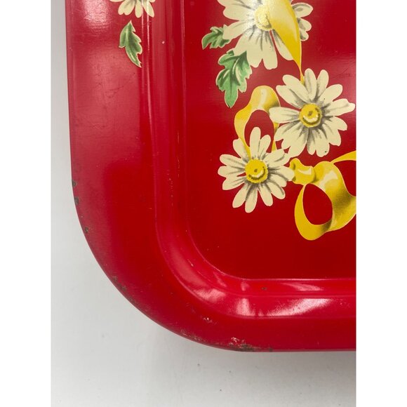 Vintage Red Metal Daisy Floral Serving Tray1950’s Mid-Century  Daisy Border - Picture 5 of 8
